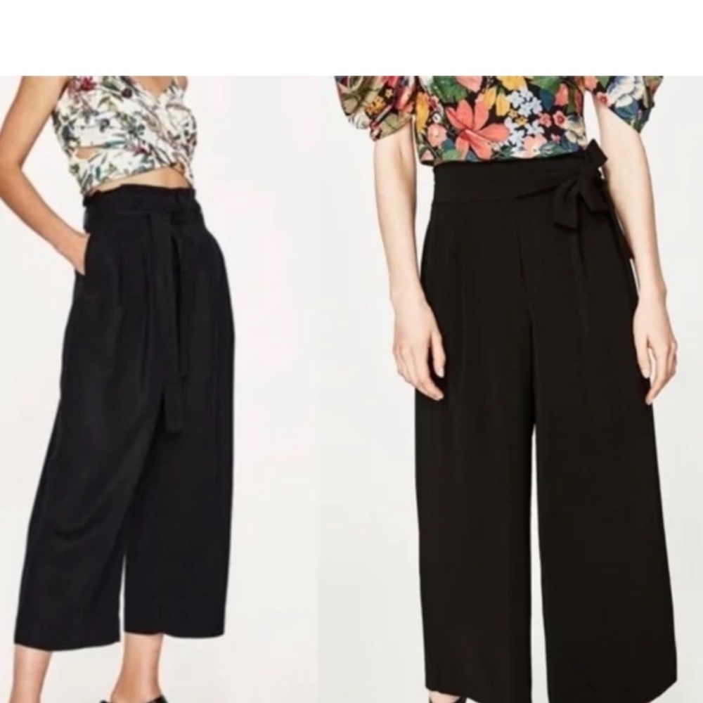 Zara Black Wide-Leg Tie-Waist Pants